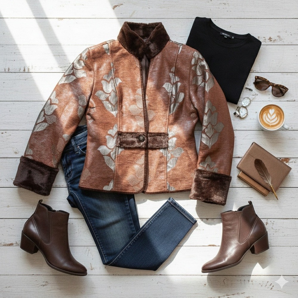 Copper Floral‎ Jacket Faux Fur Trim Button Front Party Coat